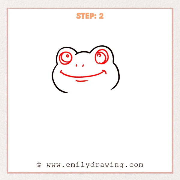 how to draw a cartoon frog - A cartoon frog face with outlined head shape, added circular eyes with pupils, small nostrils, and a wide smiling mouth.